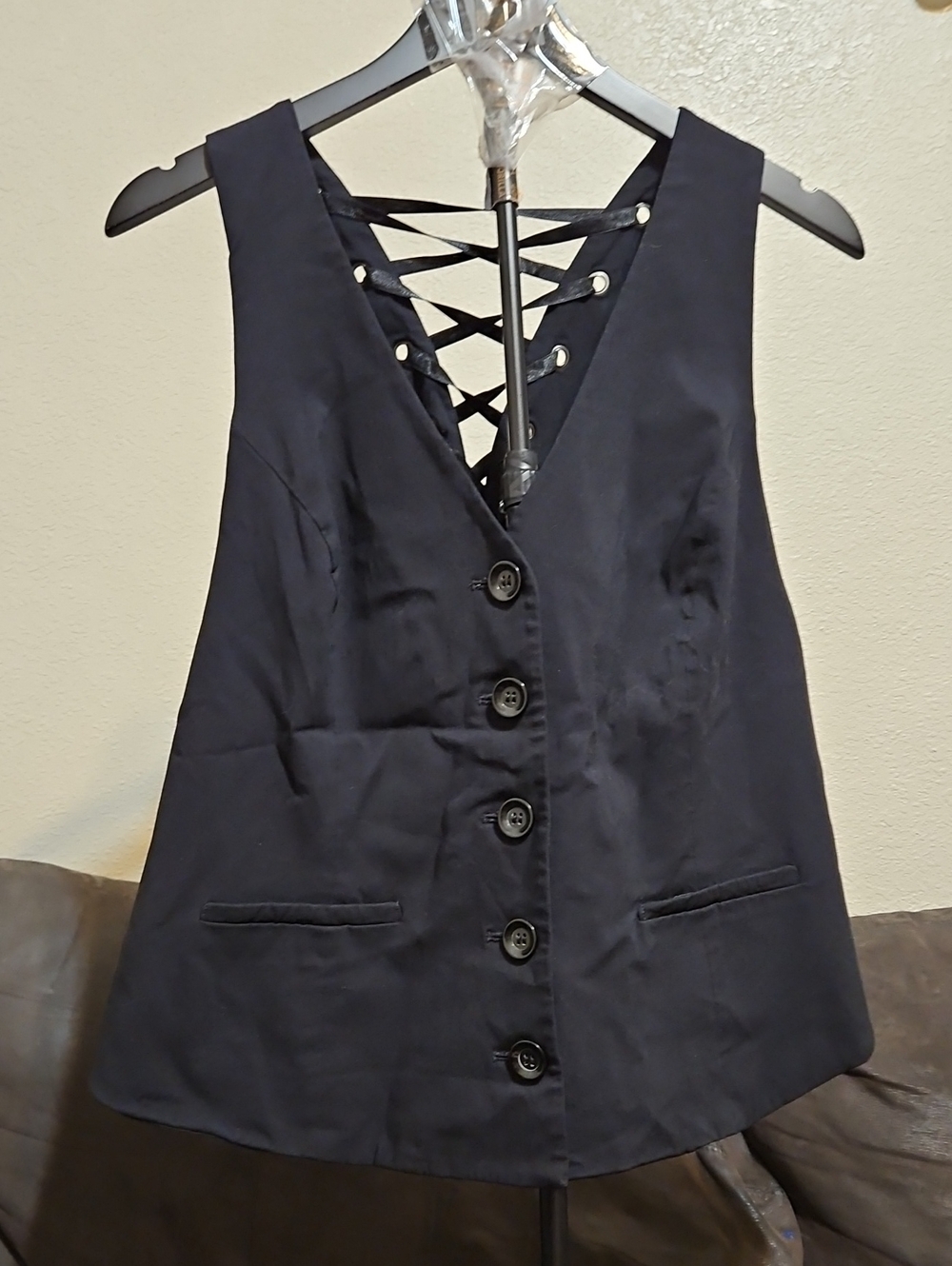 Lane Bryant Navy Sleeveless Button Vest with Lace-Up Back